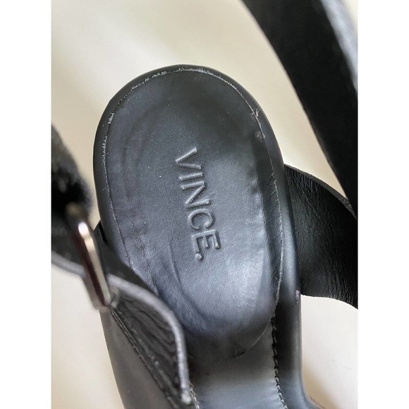 Vince Haley Sandal Black Leather Open Toe Two Strap Ankle Buckle Wood He… - Picture 8 of 11